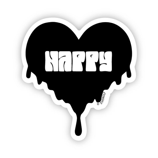 Sticker of a black drippy heart that says happy inside