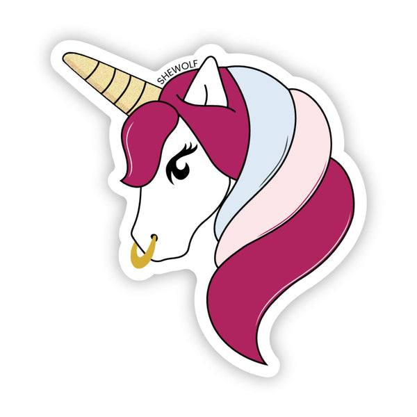 Sticker of a colorful unicorn with a nose ring, eyelashes and blink and blue mane