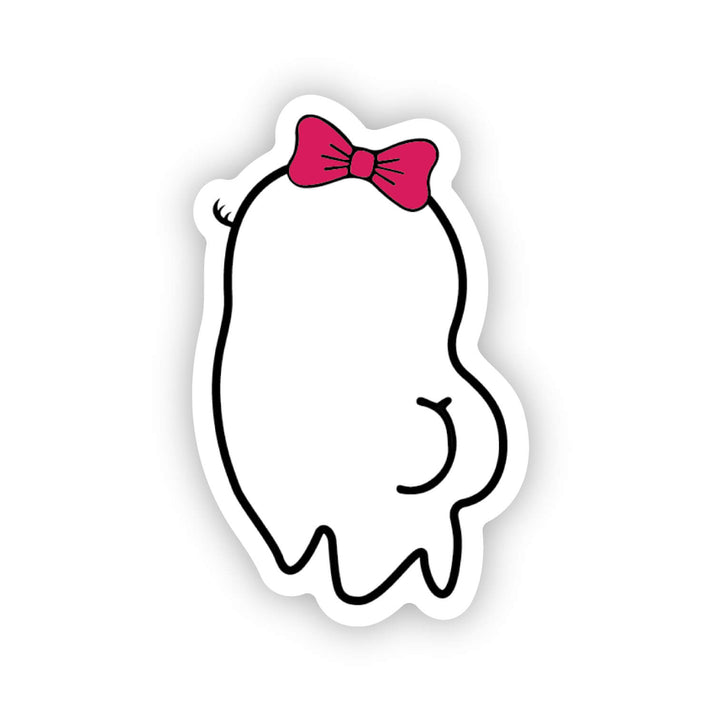 Sticker in the shape of a ghost facing away with a big butt, eyelashes and pink bow